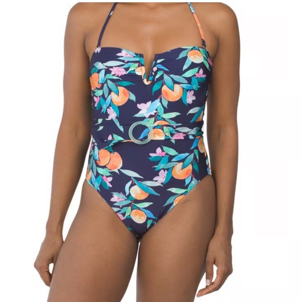 Sunshine 79 Womens Navy Blue Peach One Piece Swimsuit‎ w/Shelf Bra 6 NEW
